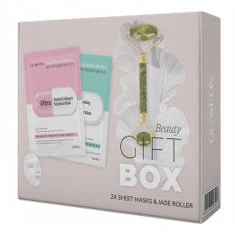 Beauty Gift Box zestaw nawilżająco-kojąca maska w płachcie 25ml + rewitalizująca maska w płachcie 25ml + roller do masażu twarzy GLAMFOX